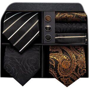 3 Pcs Gift Box Mens Tie Set Necktie with Pocket Square Cufflinks Lapel Pin Silk